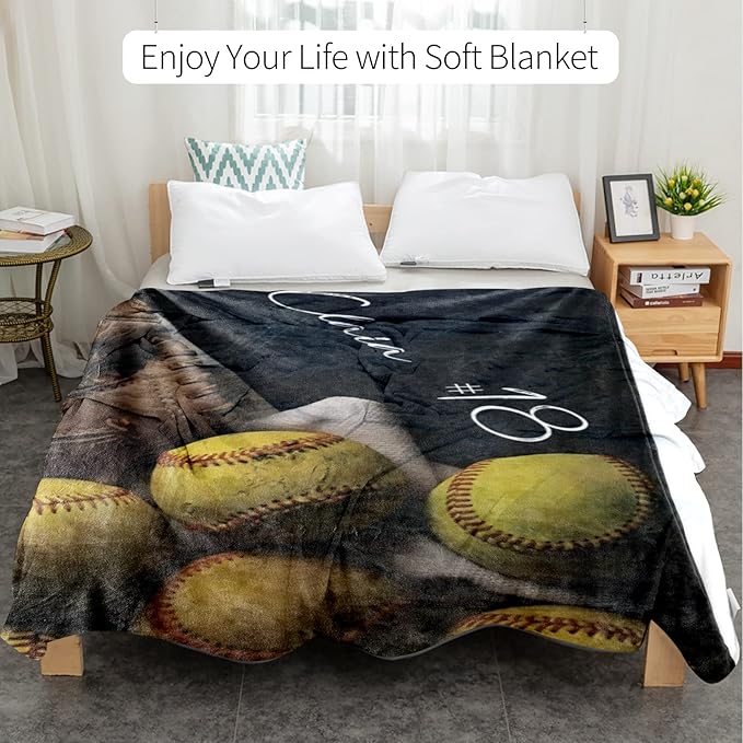 Personalized Baby Softball Bed Blanket: Custom Name and Number Sport Blankets for Toddler Boys Girls Adults Birthday Mothers Fathers Easter (40x50inch)