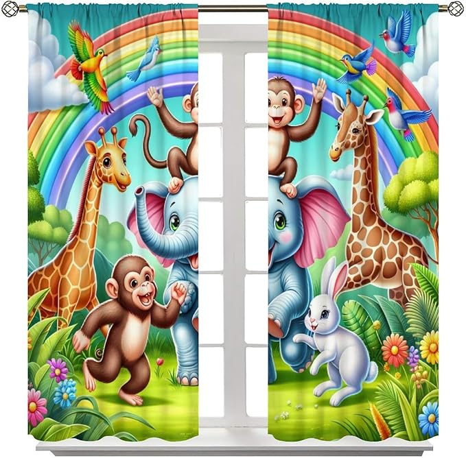 Animals Window Curtain Rod Pocket Kids Boys Girls Forest Giraffe Elephant Monkey Flowers Window Treatment for Baby Children Bedroom Living Room 84" W X 84" L