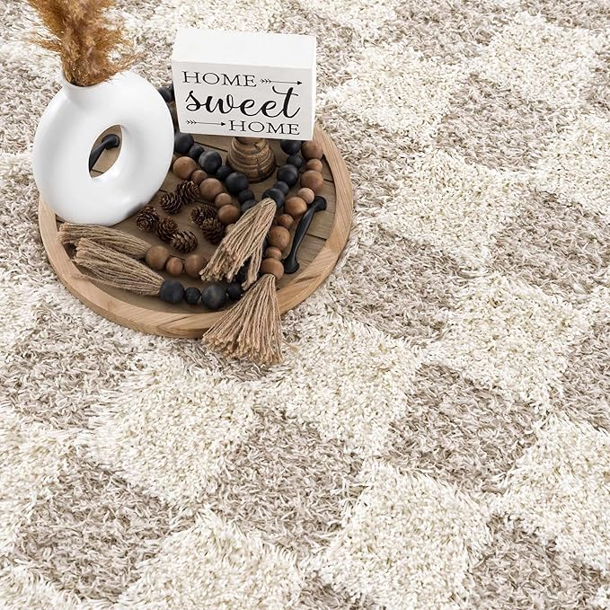 Hauteloom Atira Contemporary Checkered Fluffy Shag Runner Rug - Modern Geometric Carpet Tiles for Hallway, Kids Room - Plush Pile Carpet Squares - Cream,Light Beige - 2'7" x 10'