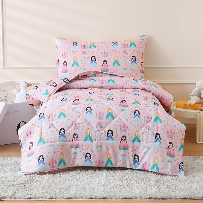 LONAVA Twin Kids Comforter Set - 4 Pieces Twin Bedding Sets for Boys Girls Children, Ultra Soft Microfiber Bed in A Bag with Flat Fitted Sheets, Princess