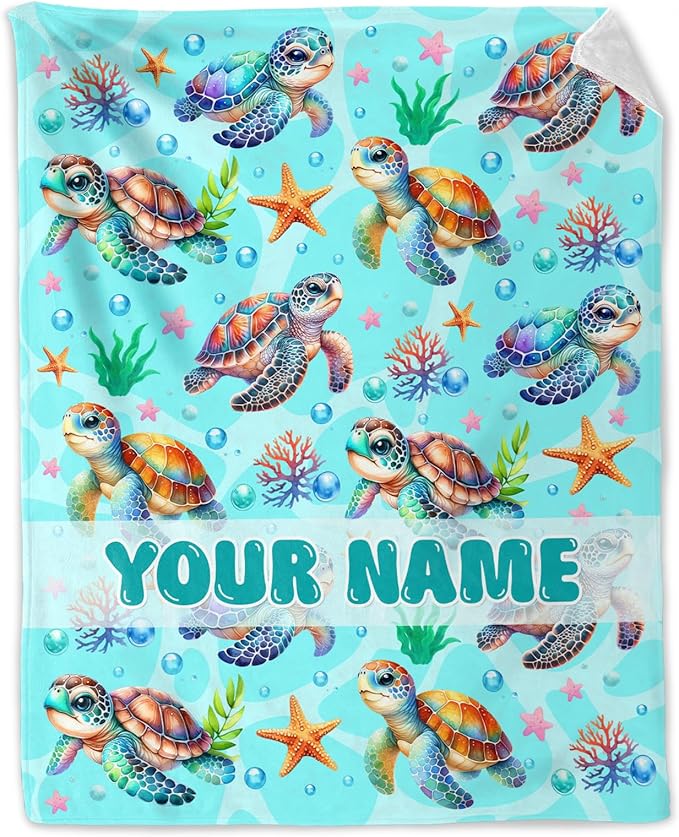Custom Turtle Throw Blanket for Kids - 50" x 60" Inches Cute Turtle Blanket for Girls - Green Warm Cozy Throws for Couch, Bed & Travel