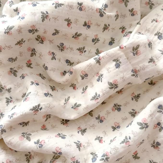 BuLuTu Pink Bellflower Print Duvet Cover Twin Muslin Cotton Comforter Cover for Toddler Kids Children Girls Boys, Lightweight Soft Quilt Covers, Zipper Closure, 4 Ties, No Pillow