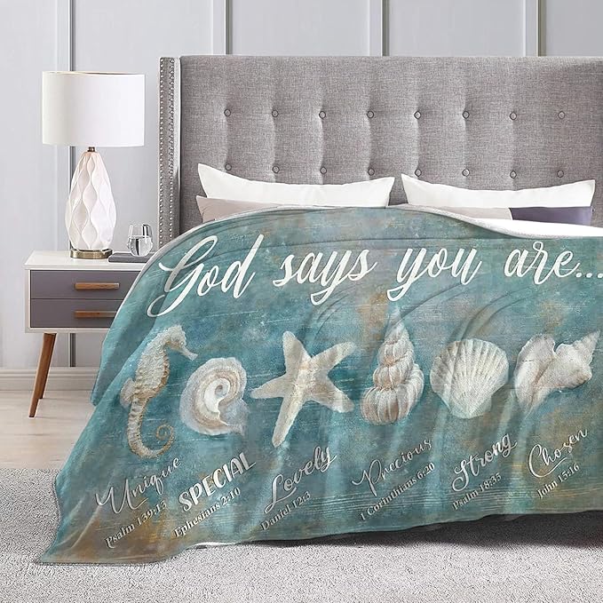 Tijuboni Ocean Seashells Throw Blanket - God Says You are - Beach Nautical Gifts for Women Men Girls Boys Kids Adults Soft Flannel Fleece Blanket for Couch Sofa Bed Home Decor 40"x50"