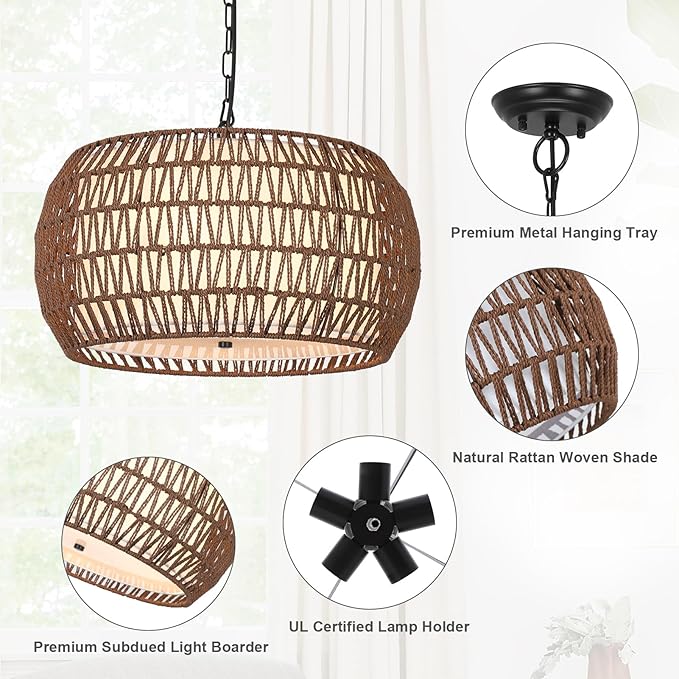 Rattan Farmhouse Chandelier Light Fixtures,5-Lights Boho Large Pendant Light,Woven Chandeliers for Dining Room with Fabric Shade,Rustic Hanging Light Fixtures for Kitchen Island-Dark Brown