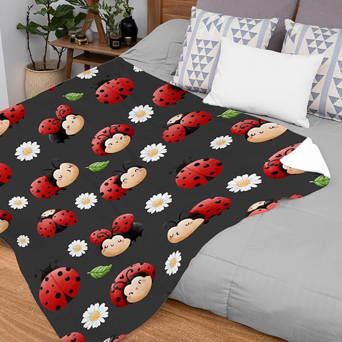 Thuswarm Cute Watercolor Ladybugs Grey Flannel Throw Blanket Warm Cozy Soft Funny Print Blankets for Bed Couch Sofa Room Decoration Gifts 40”×30” XSmall for Pets