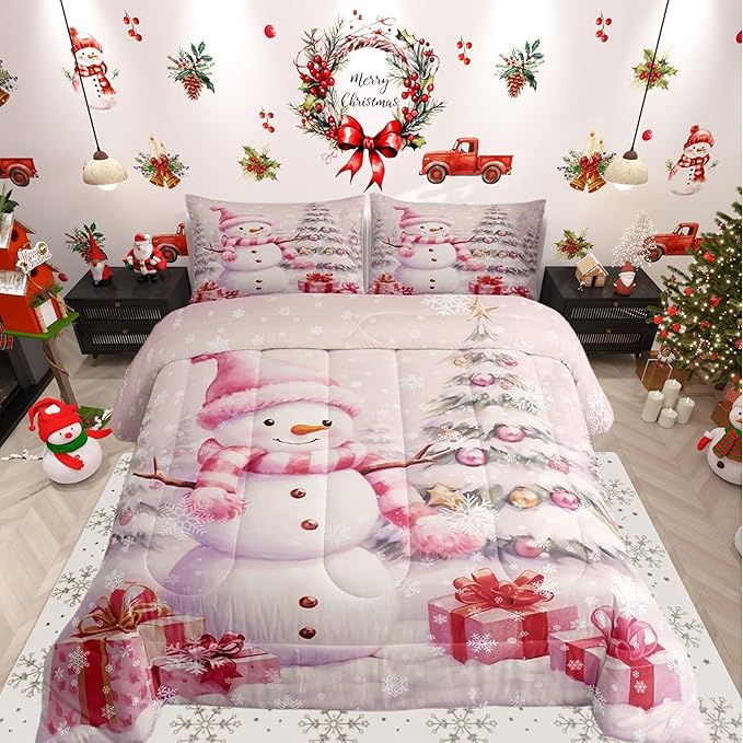 Castle Fairy Merry Christmas Bed Comforter Set Queen Size,Xmas Tree Gift Super Soft Microfiber Bedding Set for Adults Men,Pink Christmas Snowman Decorative Comforter Set,3 Pcs