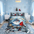 Kawaii Santa Claus Kids Bedding Set King Size,Poinsettia Cardinal Christmas Birds Comforter Set,Holly Berries Winter Snowflake Quilt Comforter,Blue Red Bedroom Duvet Insert,2 Pillowcases