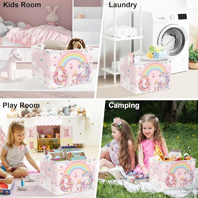Clastyle 36L Pink Unicorn Rainbow Girls Storage Basket Collapsible Rectangle Clothes ToyBook Shelf Basket for Kid Room Nursery