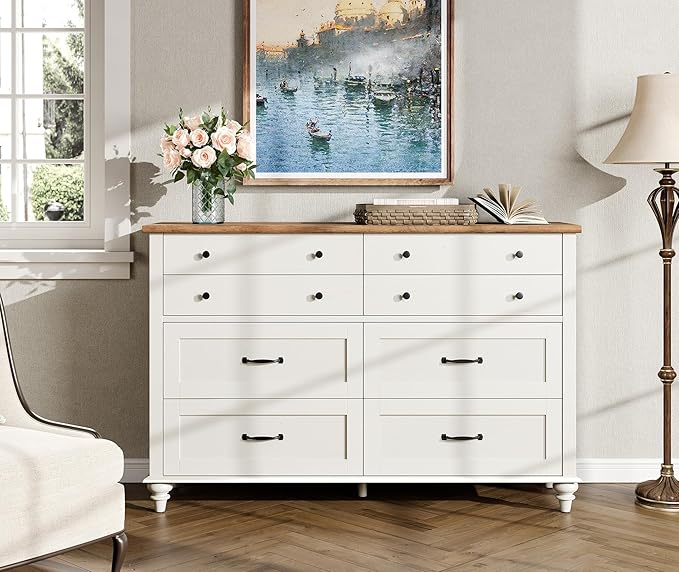 WAMPAT Kids Dresser for Nursery with 8 Drawers, Off White Baby Dresser for Kids Room, Wide Wooden Chests & Dressers for Bedroom, Distressed Mid Centuy Storage Organizer for Child’s Room, 54 Inch