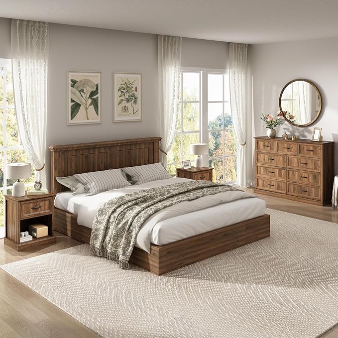 CARPETNAL Farmhouse Dresser and Nightstand Sets for Bedroom, 3 Pcs Bedroom Set, 9 Drawer Dresser & Nightstand Set of 2, Modern Wood Chest of Drawers for Bedroom, Living Room, Entryway, Brown