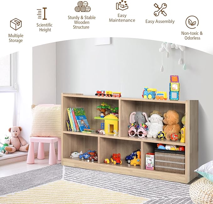 Costzon 2-Shelf Bookcase for Kids, Wooden Toy Storage Organizer for Books Toys, 5-Section Freestanding Classroom Daycare Montessori Bookshelf for Preschool, Home Playroom & Kindergarten (Natural)