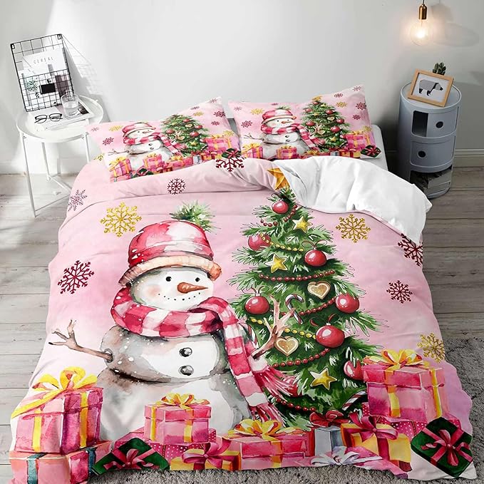 LUVIVIHOME 3PCS Snowman Duvet Cover King Bedding Set, Pink Duvet Cover, Kids Teens Girls Bedding, Christmas Tree Snowflake Holiday New Year Xmas Gifts Christmas Comforter Quilt Cover, 2 Pillow Shams