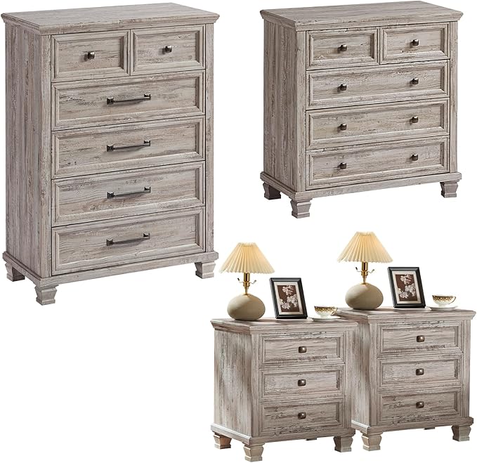 Farmhouse Bedroom Dresser and Nightstand Set of 4, 6 Drawer Tall & 5 Drawers Dresser & 3 Drawer Nightstand Set with Wooden Legs, Rustic Wood Furniture for Bedroom, Hallway, Grey