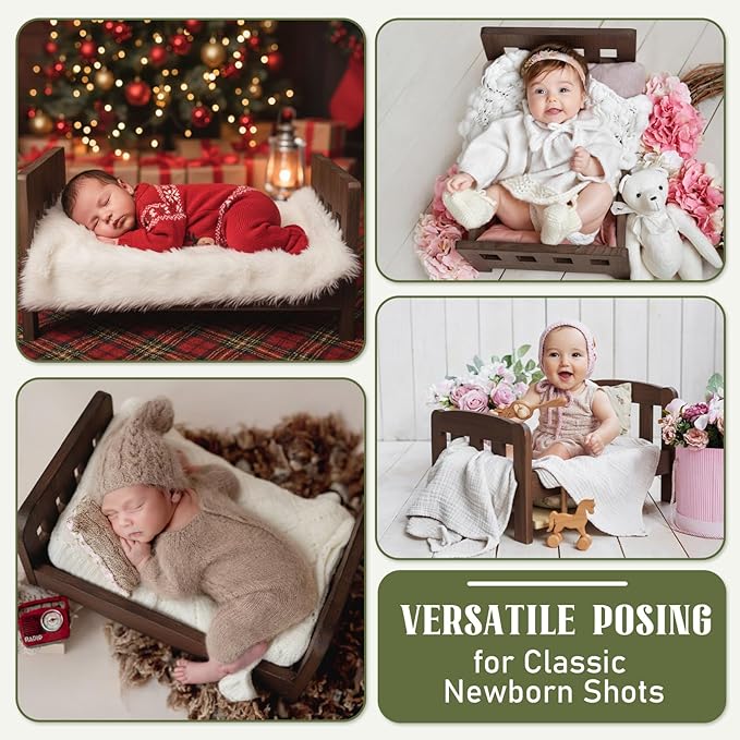 Newborn Photography Bed Props Brown Wooden Vintage Baby Photo Prop Baby Photoshoot Props for Studio Professional Photographers Newborn Photo Sessions Detachable Doll Bed