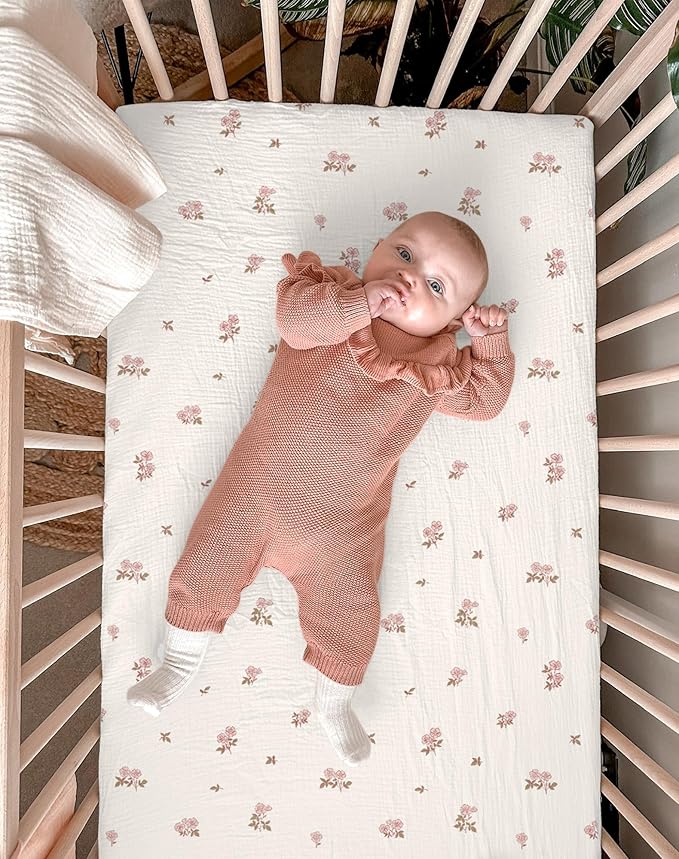 Pack and Play Sheets for Baby Boy and Girl 2 Pack, Neutral Muslin Cotton Pack N Play Mattresses Sheet 27"x39", Muslin Nursery Bedding Soft and Breathable Comfort (Vintage Blossom & Pink)