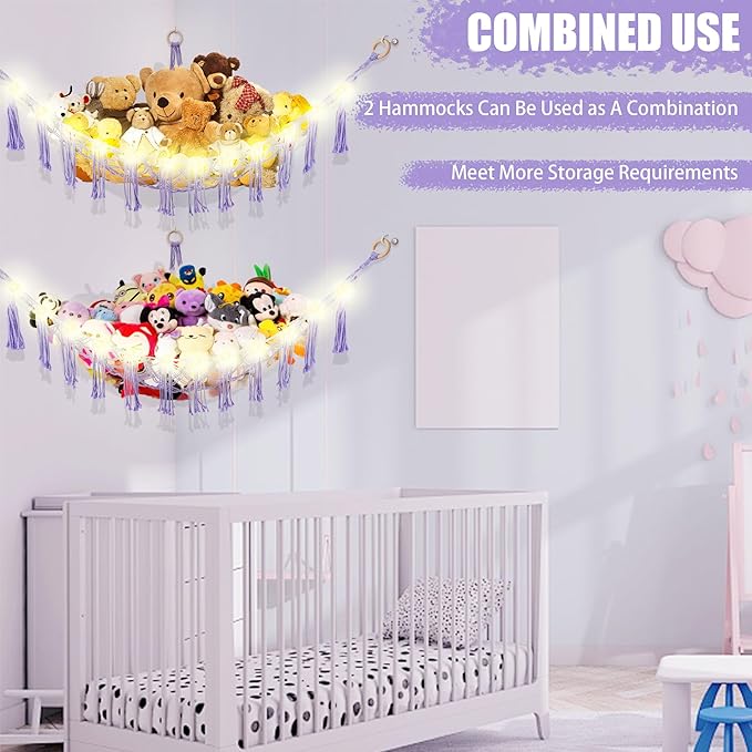 Stuffed Animal Hammock with LED Light, Large Stuffed Animals Storage Corner Plushie Net for Kids Room Decor, Purple