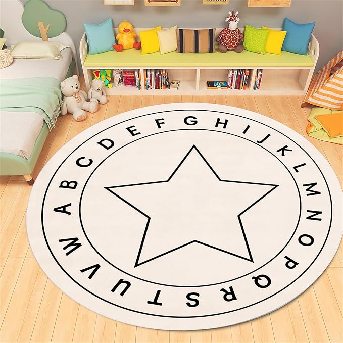 ABC Round Children's Rug,5ft,Children's Educational Learning Area Rug, Cartoon Star Print Soft and Fluffy Rug, Suitable for Nursery, Classroom, Playroom Boys and Girls Bedroom Game Decoration