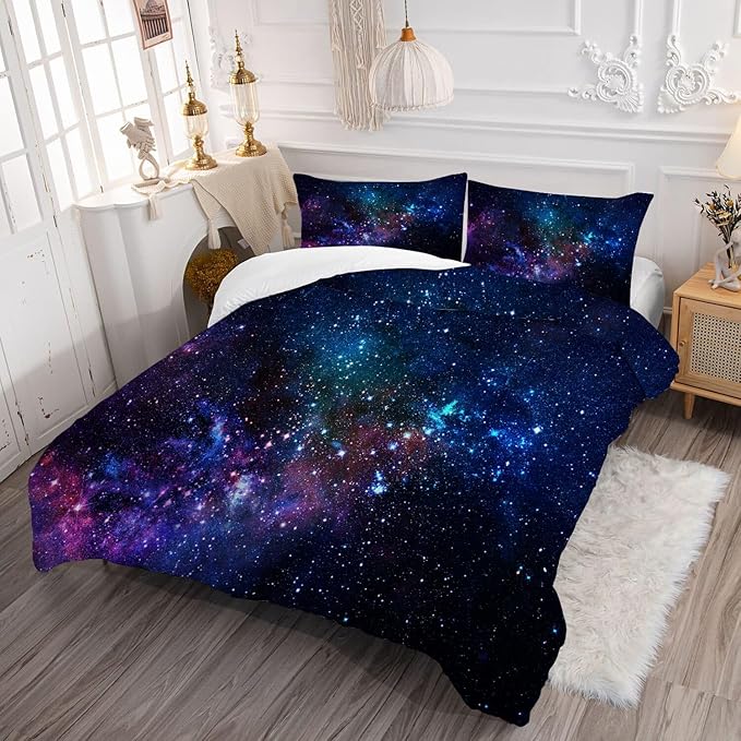 kxry Blue Purple 3D Galaxy Comforter Set Twin Size Outer Space Starry Sky Universe Bedding Sets for Girls Teens Kids 1 Comforter + 1 Pillow Case