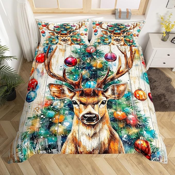 Cabin Deer Duvet Cover Set King Size,Tie-dye Christmas Tree Wooden Plank Rustic Bedding Set,Boys Girls Room Decor,Wild Animal Farmhouse Comforter Cover,Brown Quilt Cover,2 Pillowcases,No Comforter