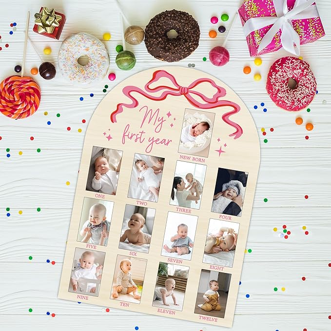 My First Year Milestone Photo Board, One Year of Wood Photo Board, 12 Monthly Baby Picture Frame, Pink Bow Nursery Decor, Girl Boy 1st Birthday Decorations, Baby Shower Keepsake Best Gift-A16