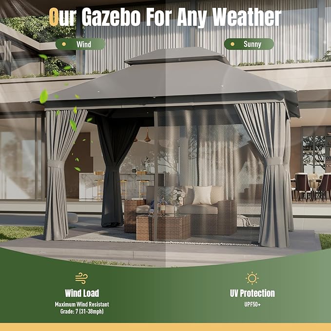 AOXUN Outdoor Gazebo for Patio 10x12, Metal Frame Canopy with Double Roofs, Heavy Duty Party Tent and Shelter with Mosquito Netting and Privacy Screen for Backyard, Lawn, Garden, Deck