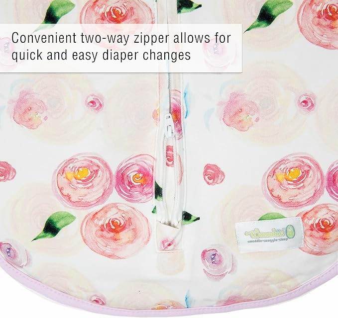Woombie Original Baby Swaddling Blanket - Self-Soothing, Cotton Baby Swaddle with Zipper - Wearable Newborn Blanket, Watercolor Roses, 14-19 lbs