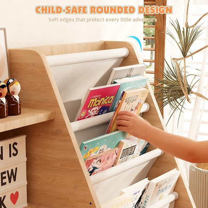 NACHES 4 Tier Kid Bookshelf Wooden 5 Sling Children Bookcase Toddler Montessori Bookcase Book Rack Display Toy Storage Organizer Adjustable Book Display Shelf Stand Classroom Bedroom Nursery Playroom