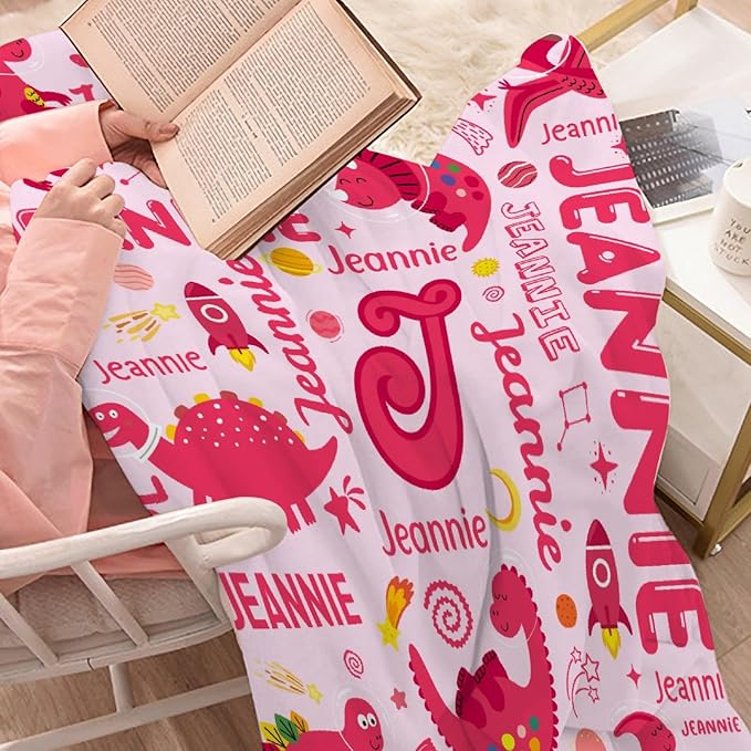 Dinosaur Lover Astronaut Personalized Blanket with Name Custom Pink Dinosaur with Name Flannel Blanket Soft Throw Meaningful Gift for Toddlers Girls Boys Kids Pets 60 * 50" M for Teen