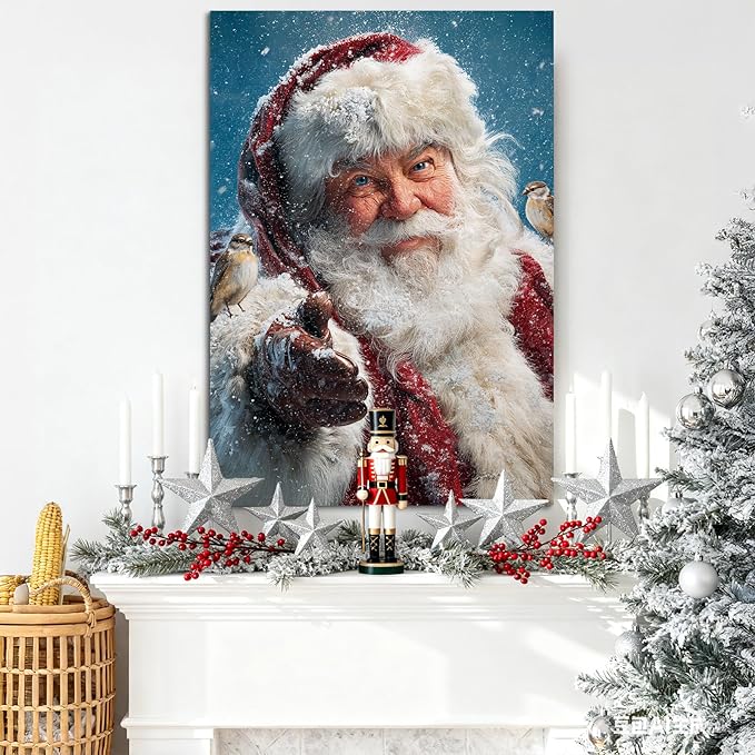 YONICA Christmas Canvas Wall Art Snowy Santa 28x40 Inch Winter Scene with Birds and Snowfall - Large Framed Gallery Wrapped Nature Theme