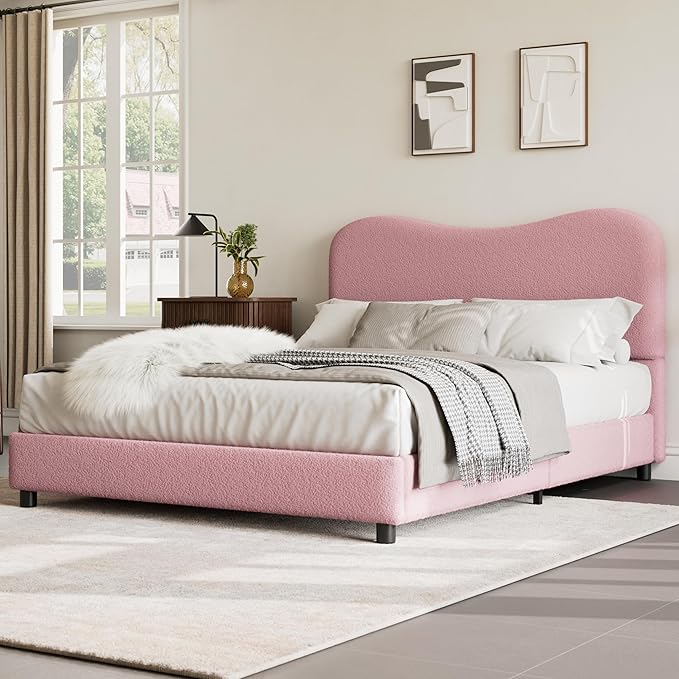 Senfot Pink Boucle Bed Frame with Upholstered Headboard, Soft Low Profile Sturdy Platform Bed with Rounded Corners Design, Heavy Duty, Wooden Slats, Noise Free, No Box Spring Needed, Queen Size