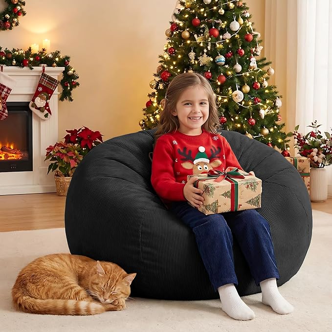 Nobildonna 3 ft Bean Bag Chair Cover (No Filler) 35"×43" Large Stuffed Animal Storage Bean Bag Washable Big Beanbag Chair Cover Premium Corduroy Stuffable Bean Bag Cover for Adults,Kids,Black 300L