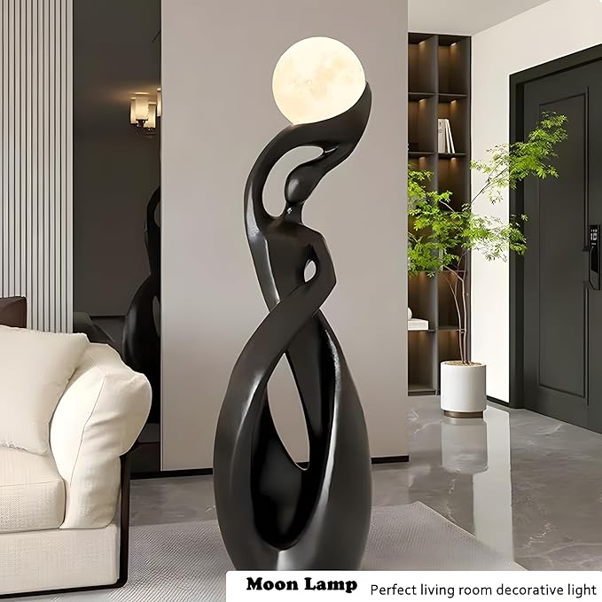 Bofea-Unique Moon Floor Lamp for Living Room,Modern Black Standing Lamps with 3D Printing Frosted Shade,Corner Art Deco Lamp,Creative Resin Tall Floor Lights for Living Room Bedroom.