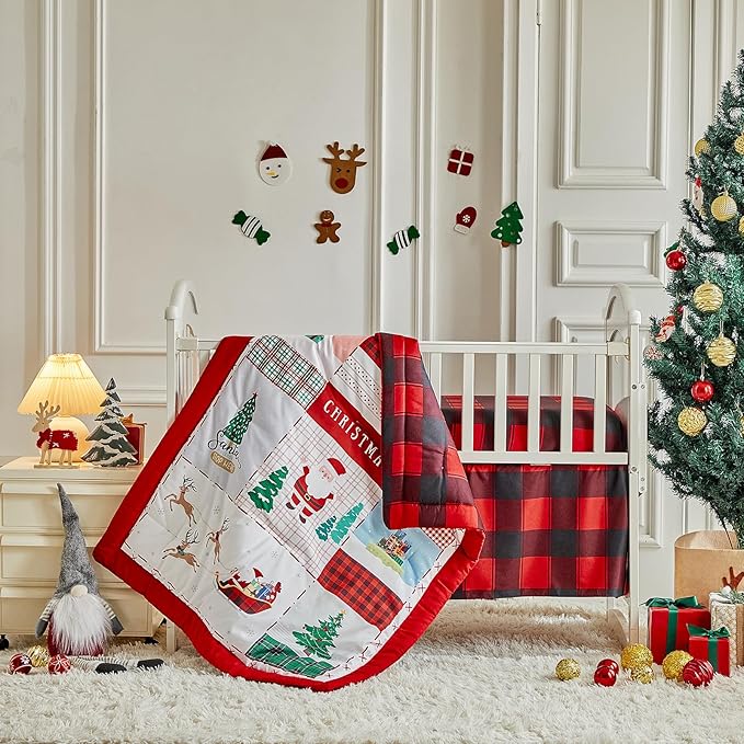 Christmas Red Crib Bedding Set 3 Pieces New Year Style Quilted Plaid Comforter with Fitted Sheet and Bed Skirt - Cute Santa Claus Snowman Tree Deer Design Baby Gift Crib Bed Set