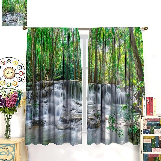 Forest Waterfall Blackout Curtains, Scene Nature Theme Mountain Stream Scenery Print Window Drapes, for Bedroom Living Room 63" W X 63" L