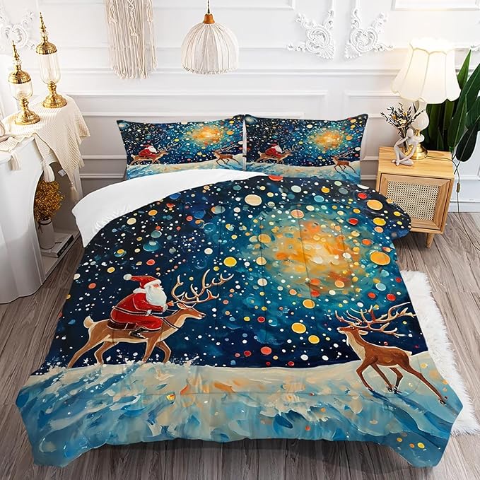 Christmas Comforter Set King: Blue Galaxy Bedding Twin Size for Kids Girls Bedroom Festival Santa Claus Deer Moon Quilt Set 1 Comforter & 1 Pillowcase
