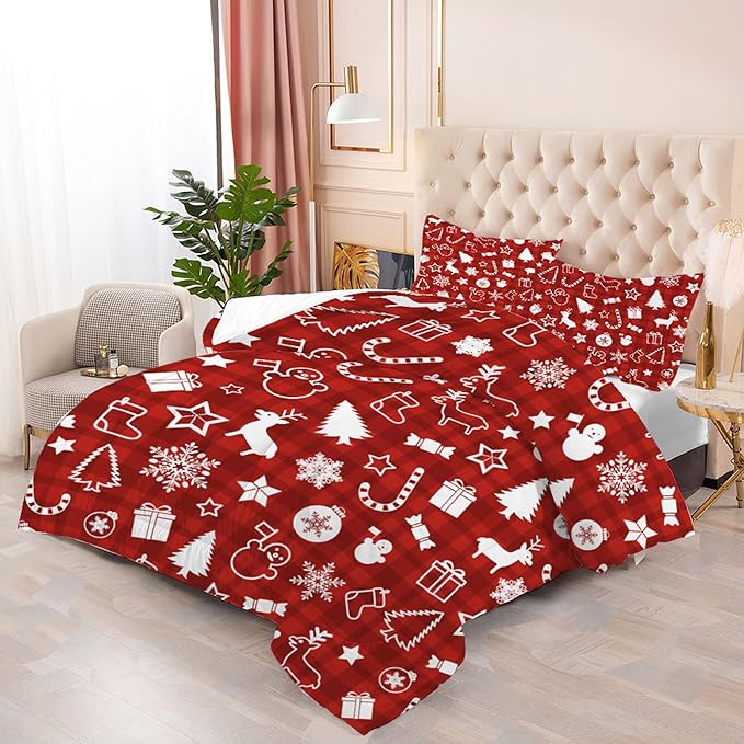 Comforter Set Plaid Christmas: Twin Size Red Bedding Set for Kids Teen Girls Boys Xmas Gift Snowflake Snowman Reindeer Pine Trees Quilt Bed Set Festival Decor 2 Piece