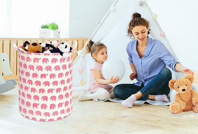 KUNRO Round Laundry Gift Basket Storage Hamper, Kids Toys and Clothes Storage Organizer Bins, Toy Shelf Basket with Handles for Room Decor (Pink Elephant)