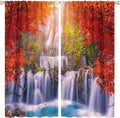Forest Waterfall Blackout Windows Curtains, Autumn Red Green Maple Leaves Jungle Rainforest Natural Scenery Landscape Curtains, for Living Room Bedroom 63x63in 2 Panels