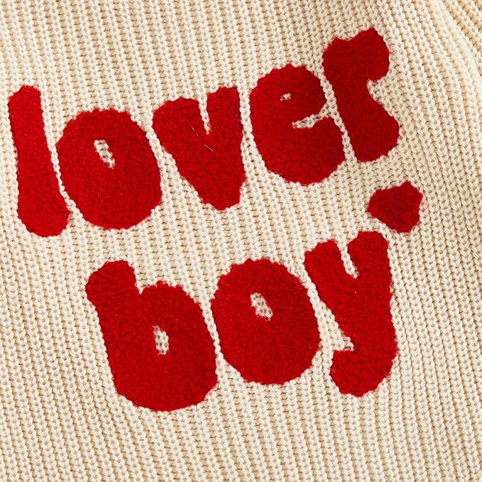 Lesimsam Newborn Baby Boy Girl Valentines Day Outfit Oversized Embroidery Long Sleeve Knit Sweater Bubble Romper Bodysuit