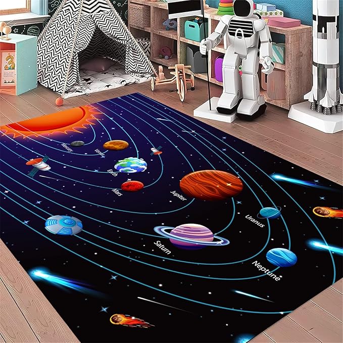 Cartoon Space Solar System Planet Area Rug,3x5ft,Outer Space Themed Rugs, Non-Slip Washable, Easy Care Rug, Suitable for Kids Playroom, Boys and Girls Room Decor