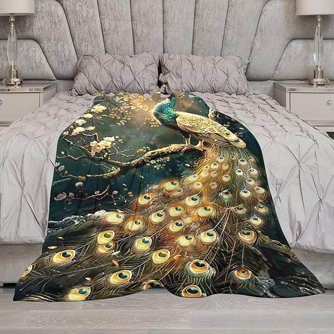 Peacock Blanket Gold Peacock Gifts for Girls Boys Woman Kids Lover Throw Blankets Soft Blanket Warm Fleece Flannel Plush Blankets for Bed Sofa Couch 50"x60"