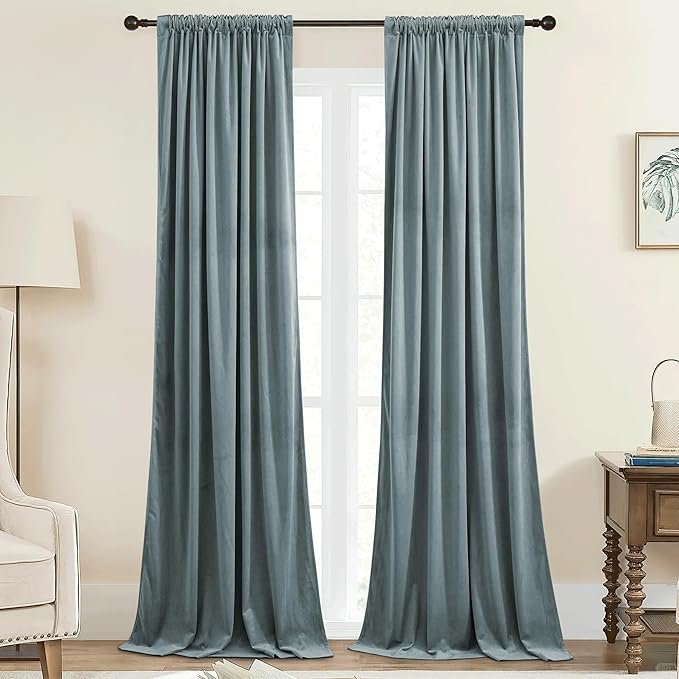 StangH Stone Blue Velvet Curtains 90 inches Long for Living Room, Back Tab Light Blocking Thermal Insulated Privacy Drapes for Nursery Bedroom Dining Room, W42 x L90, 2 Panels