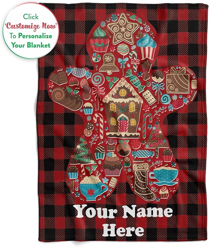 Personalized Gingerbread Man Blanket - Ships Next Day, Printed in USA - Fleece or Sherpa Sofa Throw, Soft Christmas Bedding, Holiday Home Decor, Customizable Family Throws (Fleece 50x60)