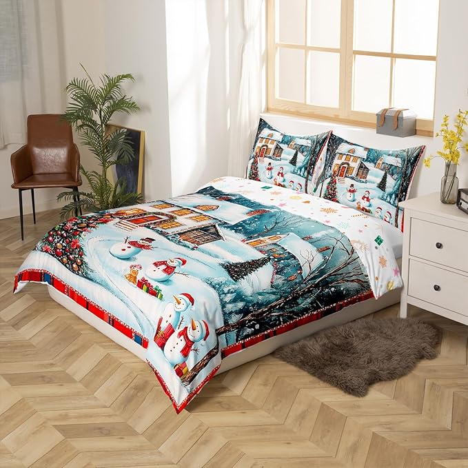 Manfei Christmas Duvet Cover Set Queen Size, Cute Snowman Xmas Tree Bedding Set for Kids Boy Girls Room Decor, New Year Theme Comforter Cover, Lightweight Bedspread Cover, 2 Pillowcases, No Comforter