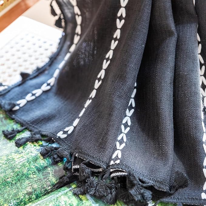 Deeprove Black Boho Curtains 63 inches Length for Kitchen, Vintage Bohemian Embroidery Farmhouse Cotton Linen French Country Tassel Window Treatments Gothic Halloween Decor, W52 x L63, 1 Panel