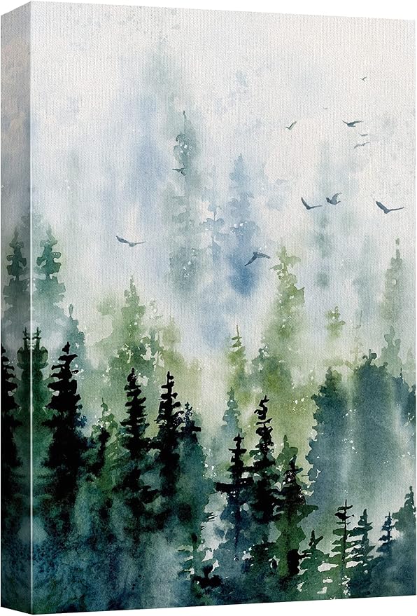 SIGNWIN Canvas Print Wall Art Woodland Nursery Decor Watercolor Pastel Pine Tree Bird Sky Nature Illustrations Modern Art Decorative Landscape Colorful for Living Room, Bedroom, Office - 24"x36"