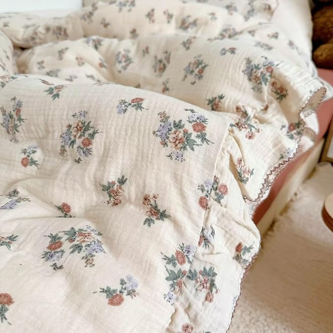 BuLuTu Muslin Floral Duvet Cover for Toddler Girls, Chic Shabby Aesthetic Kids Duvet Covers with Ruffles, All Seasons Gauze Cotton Toddler Bed Comforter Cover with Zipper, 47"x59", No Pillowcases