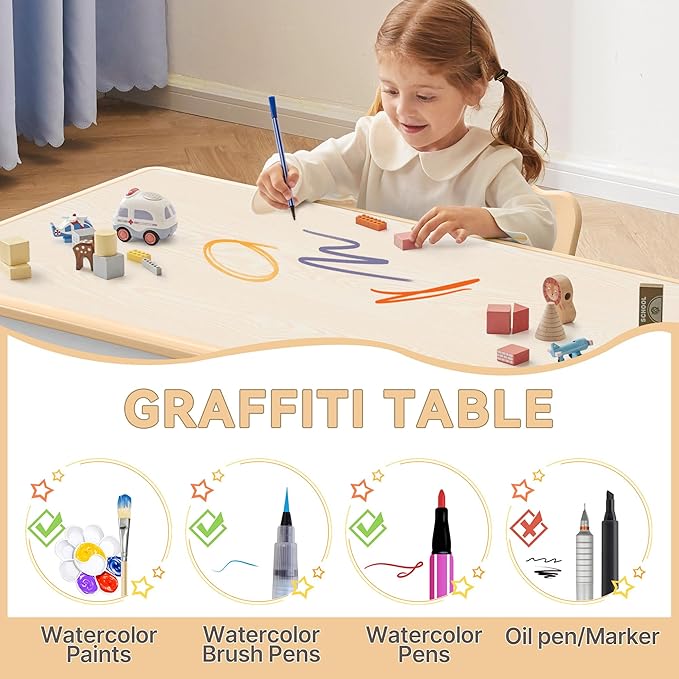 Kids Study Table and Chairs Set, Height Adjustable Toddler Table and Chair Set for Kids Ages 3-8, Graffiti Desktop (Wooden Brown)