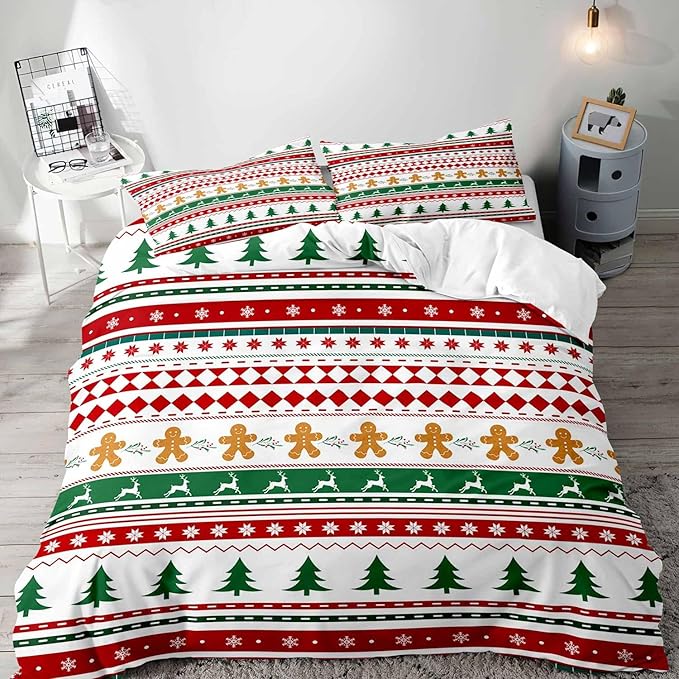 LUVIVIHOME 3PCS Christmas Duvet Cover King Bedding Set, Gingerbread Man Christmas Tree Snowflake Poinsettia Reindeer Winter Holiday Xmas Gifts Red Green White Striped Comforter Cover, 2 Pillow Shams