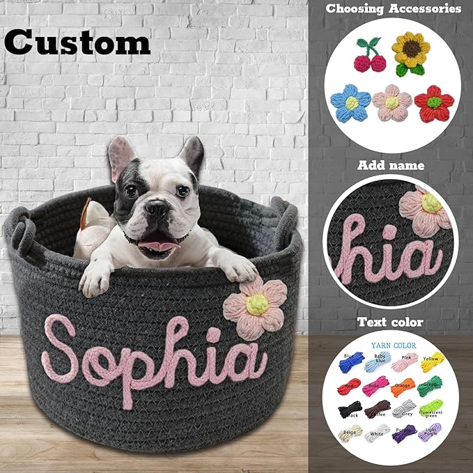 Personalized Dog Toy Basket - Custom Storage Box With Pet's Name, Rope Woven Organizer With Handles, Cute Bin for Cats and Dogs - Grey